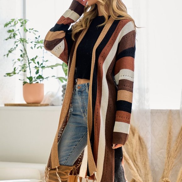 NEW ON BLUE bohemian western duster cardigan sweater stripe SM-XL Choco fringe - Picture 1 of 6